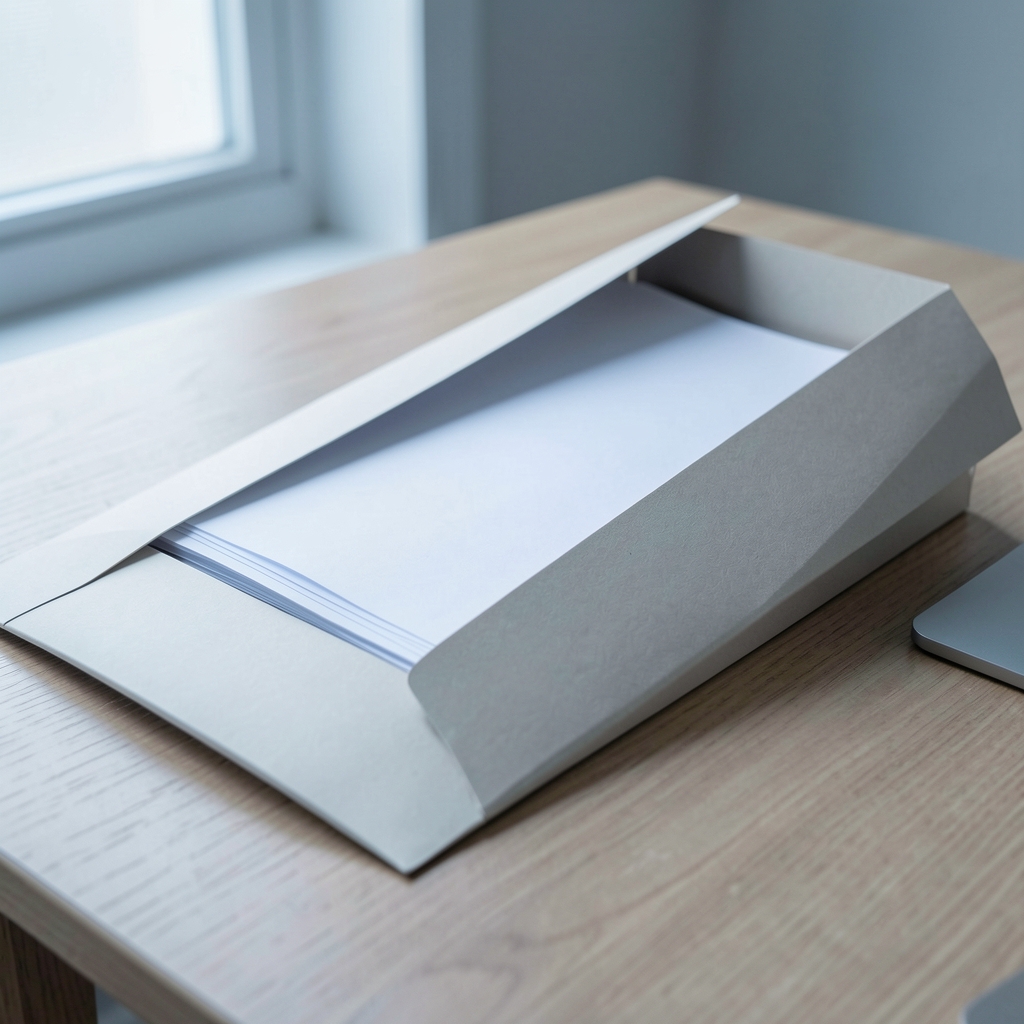 An open folder with papers on a clean wooden desk, soft light from the side, representing organizing finances before a consultation