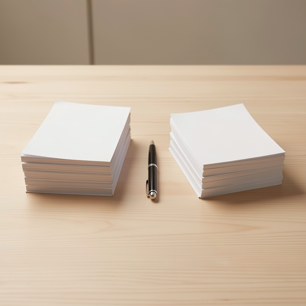 Two small separate stacks of papers placed apart on a light wooden surface, a pen between them, soft diffused light