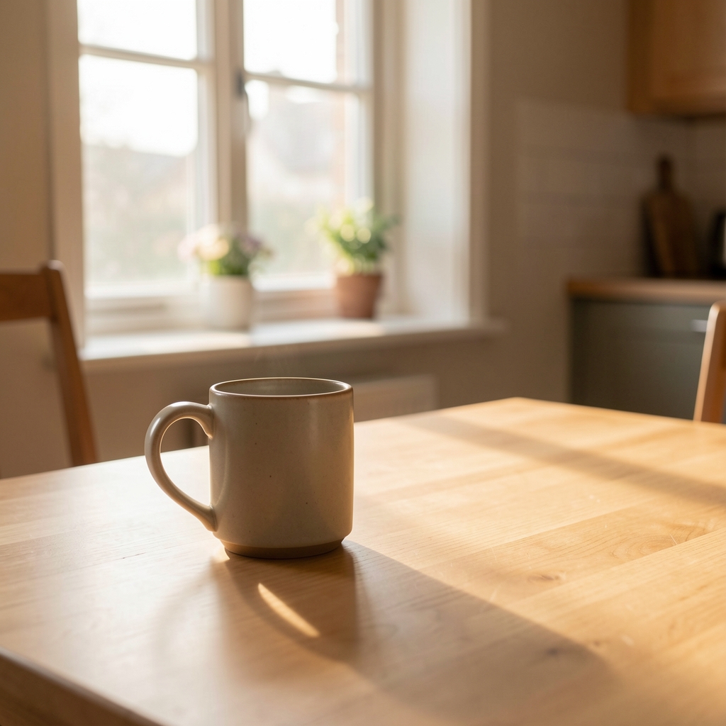 Ceramic mug on a sun-warmed wooden kitchen table, potted plants on a bright windowsill, settled home interior