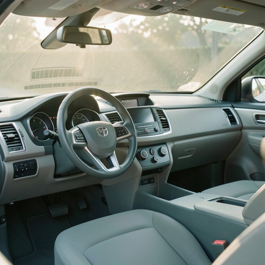 Empty car interior with soft morning sunlight through the windshield