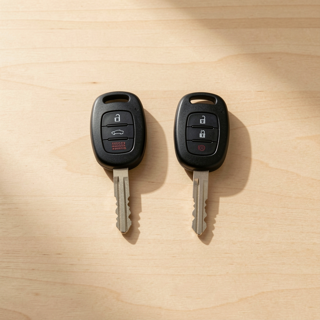 Vehicle registration documents and a car key arranged on a clean surface