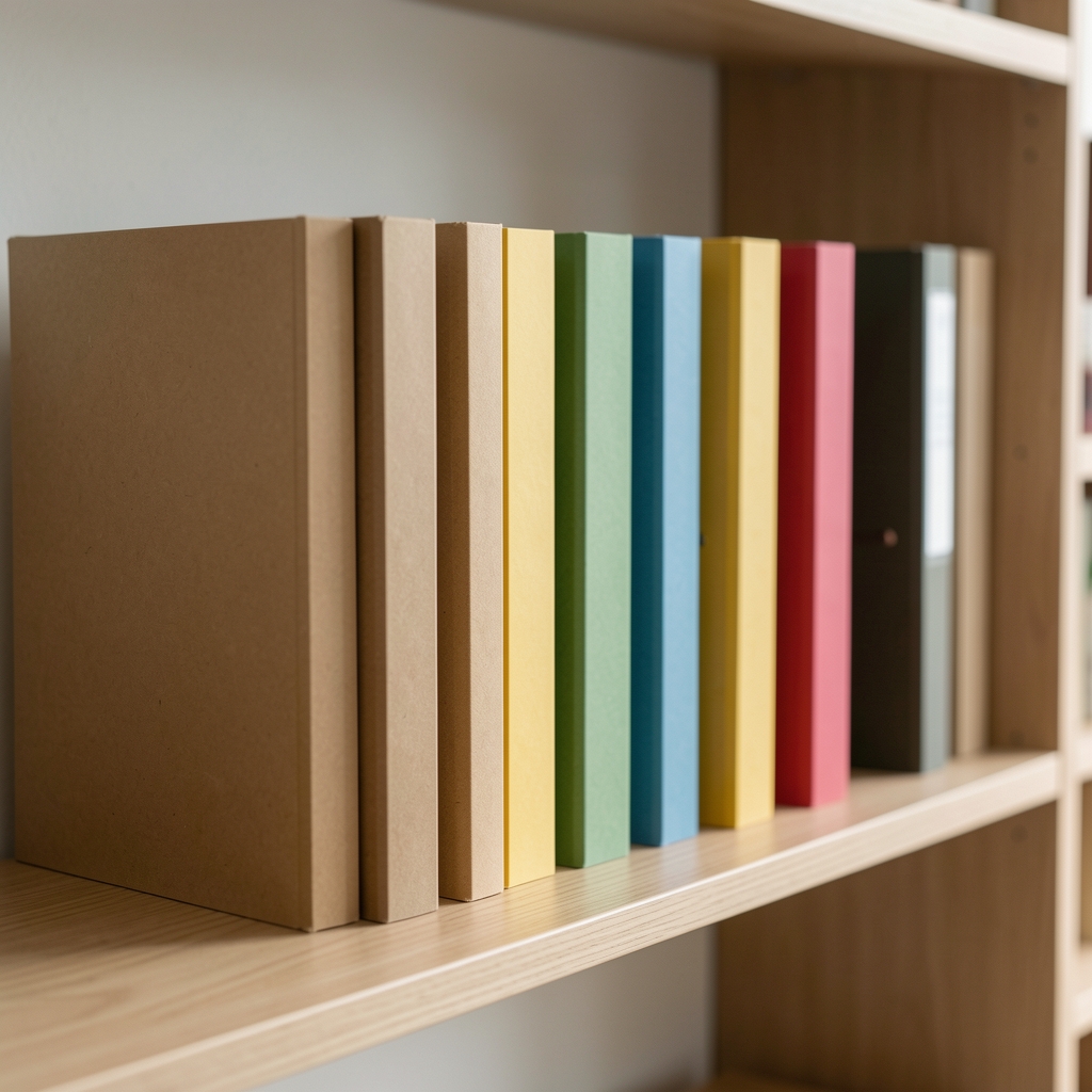 Colored file folders arranged neatly on a shelf, organized and minimal