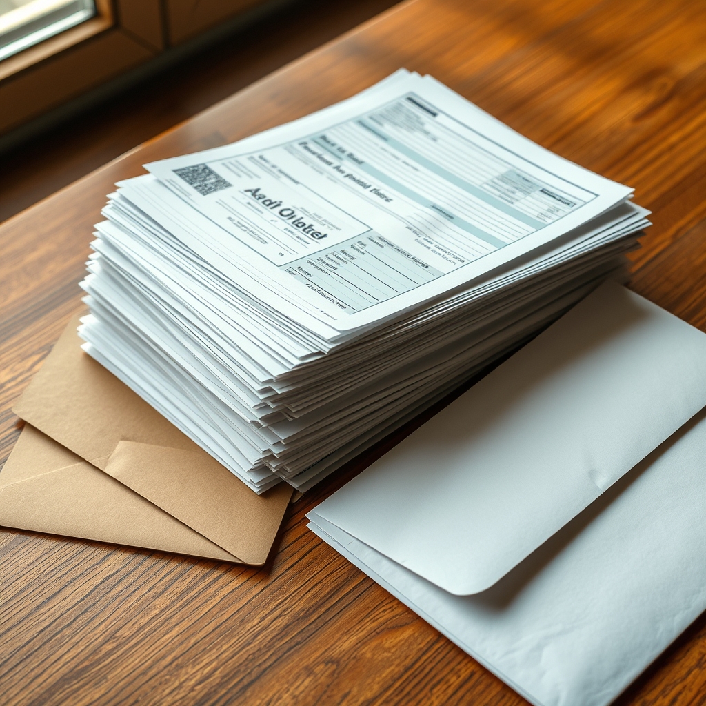Stacked financial statements and documents on a wooden table