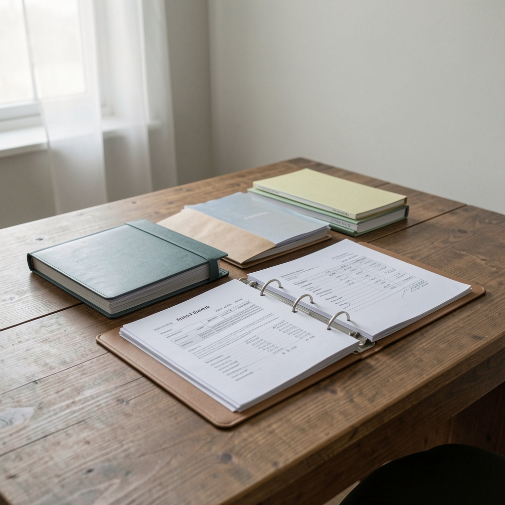 Organized folders and a binder with financial papers on a wooden desk surface