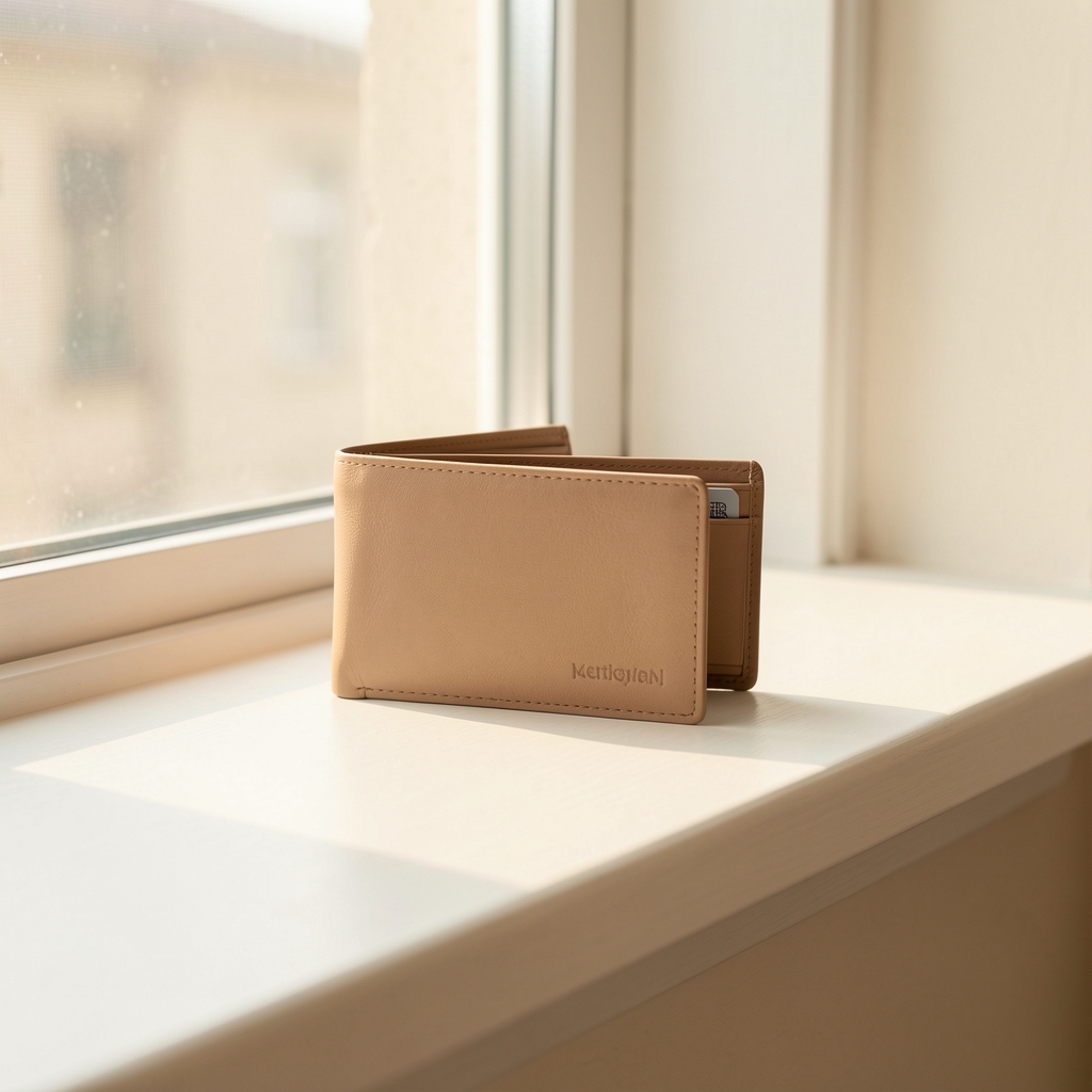 A slim modern wallet resting open on a bright windowsill in soft morning sunlight, calm and forward-looking