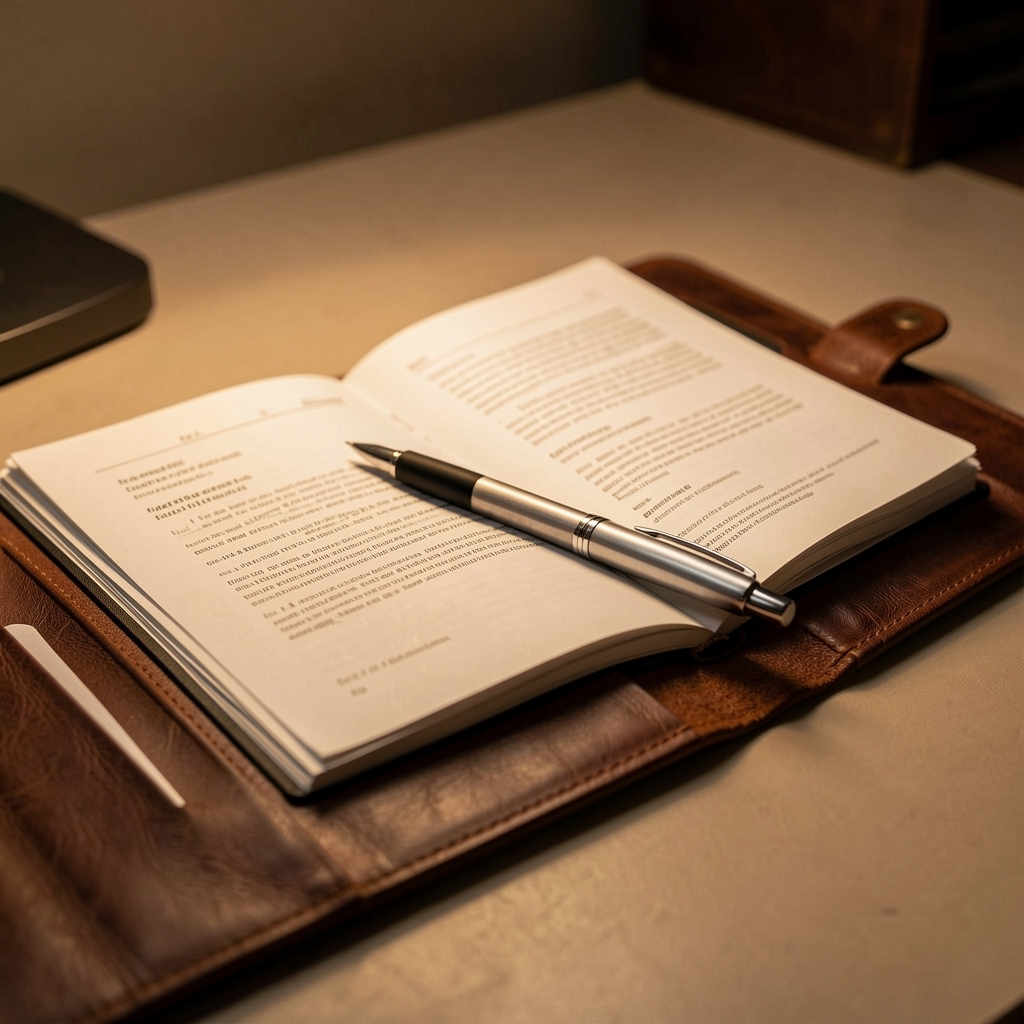 An open leather portfolio with document pages and a pen resting across it, warm directional light