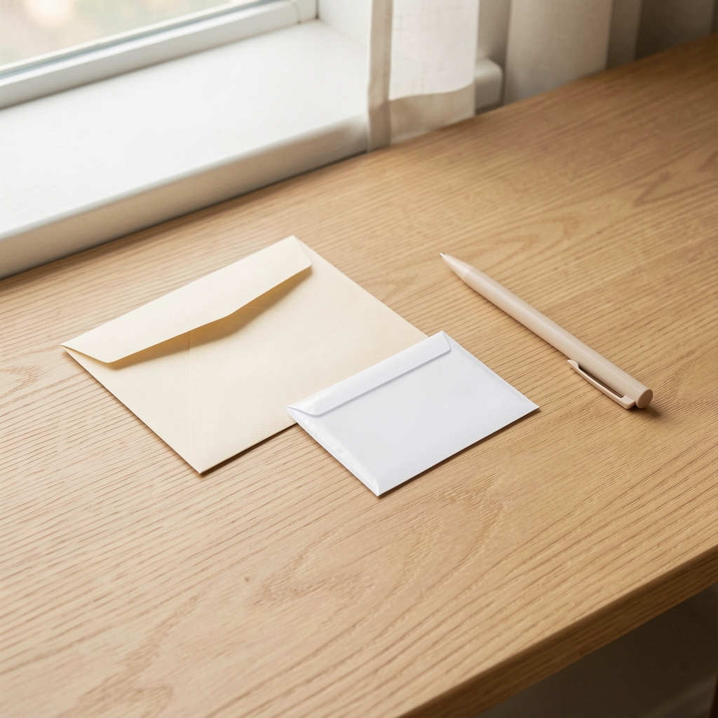 A plain card, small envelope, and pen arranged on a light oak desk — the basic tools of credit building