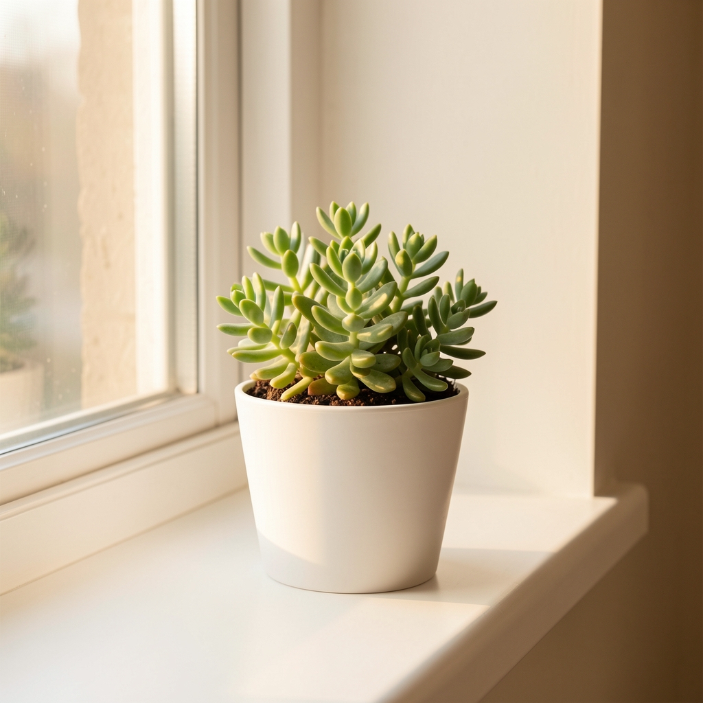 A small green succulent on a bright windowsill with soft morning light — a forward-looking, fresh-start scene