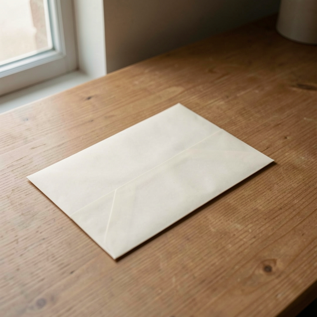 A sealed envelope resting on a quiet wooden surface, suggesting privacy and discretion