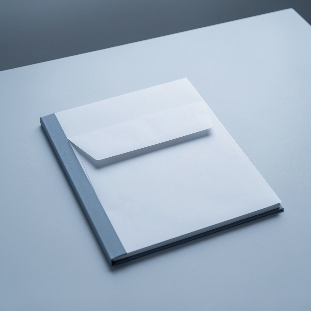 A document folder with a sealed envelope resting on a clean desk, soft diffused light