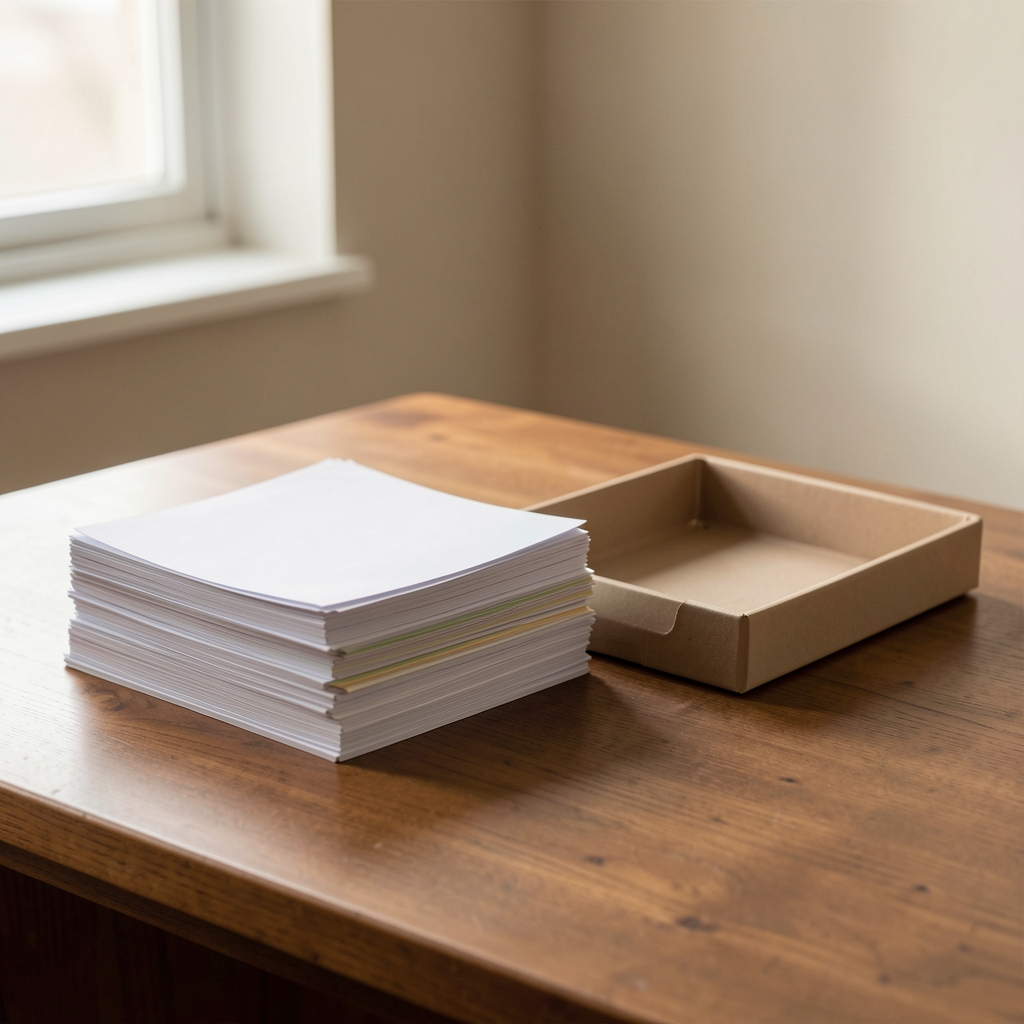 A small neat stack of organized papers beside an empty inbox tray on a wooden desk, lit by soft natural light